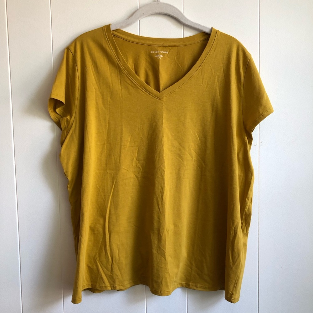 Eileen Fisher Organic Cotton V-Neck T-Shirt - Mustard/Gold - Size L